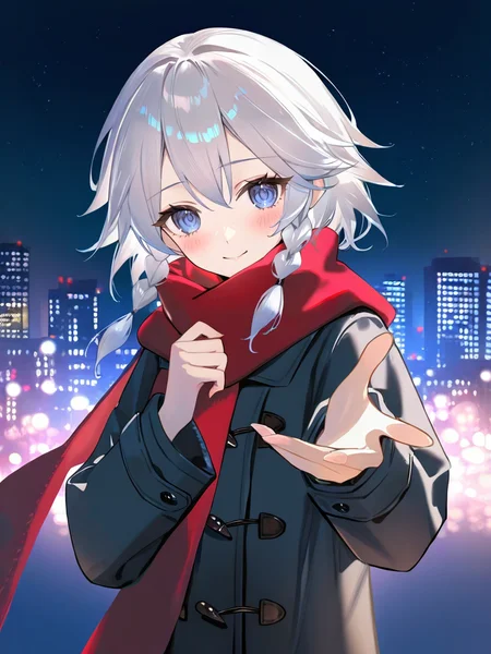 1girl,,solo,night_sky,looking_at_viewer,night,star_(sky),light_blush,shy,standing,reaching_out,beckoning,outdoors,upper body,smile,coat,red scarf,gradient_background,cityscape,city_lights,izayoi sakuya,<lora:fanggeCL-000024>, masterpiece, best quality, very aesthetic, absurdres