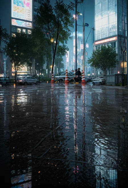,ruanyi0954,cityscape,crosswalk,night,reflective water,ground vehicle,<lora:0954 Lost in Translation_v1_pony:0.8>, score_9, score_8_up, score_7_up, score_6_up, score_9, score_8_up, score_7_up, score_6_up source_anime, blush, 1girl, seduce smile, perfect body , natural huge breasts