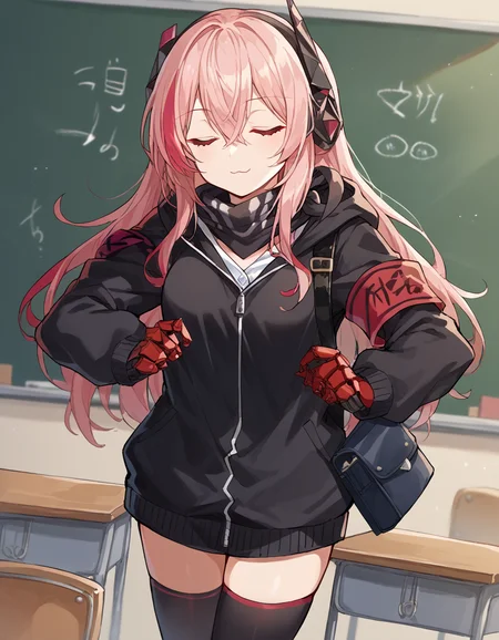 score_9, score_8_up, score_7_up, source_anime, <lora:girlsfrontline-m4-sopmod-ii-ponyxl-lora-nochekaiser:1>, m4 sopmod ii, hair between eyes, red eyes, pink hair, streaked hair, red hair, sidelocks, long hair, multicolored hair, two-tone hair,, armband, black gloves, black jacket, black scarf, black thighhighs, gloves, hair ornament, headgear, headphones, holster, hood, hooded jacket, jacket, mechanical hands, red armband, scarf, thighhighs, track jacket,, classroom, desks, chalkboard, students, teacher, , <lora:zui-zui-dance-ponyxl-lora-nochekaiser:1>, zui zui dance, dancing, closed eyes,, looking at viewer, solo,, dutch angle, cowboy shot