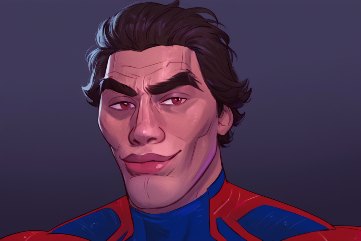 score_9, score_8_up, score_7_up, SkylerWhiteYo, closed mouth, smile, lips, miguelohara, spidey2099suit, 1boy, solo, male focus, mature male, short hair, brown hair, red eyes, thick eyebrows, superhero, red bodysuit, blue bodysuit, multicolored clothes, looking at viewer, portrait, upper body, standing, simple background, dark background <lora:Spider-Man 2099 (Miguel O Hara) v1.1 HQ LoRA_Pony XL v6:0.8> <lora:KzyGuyMeme:1>