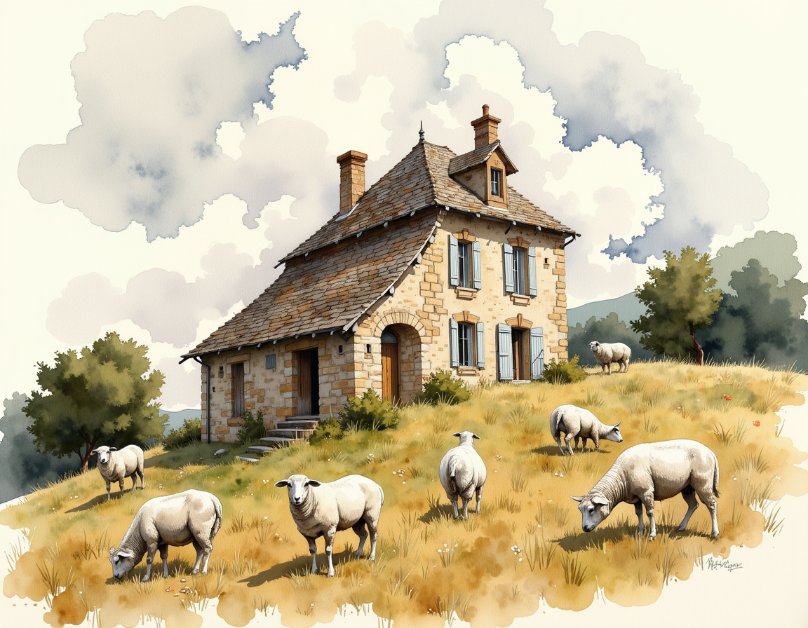 <lora:Watercolor_painting_v2:1> watercolor painting of the french country side, cobblestone french house sits on a hill, sheeps are roaming, cloudy sky, romanticized
