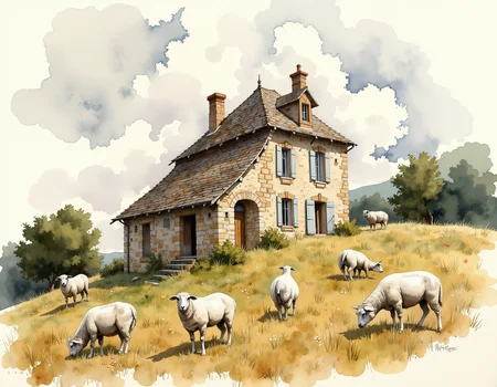 <lora:Watercolor_painting_v2:1> watercolor painting of the french country side, cobblestone french house sits on a hill, sheeps are roaming, cloudy sky, romanticized