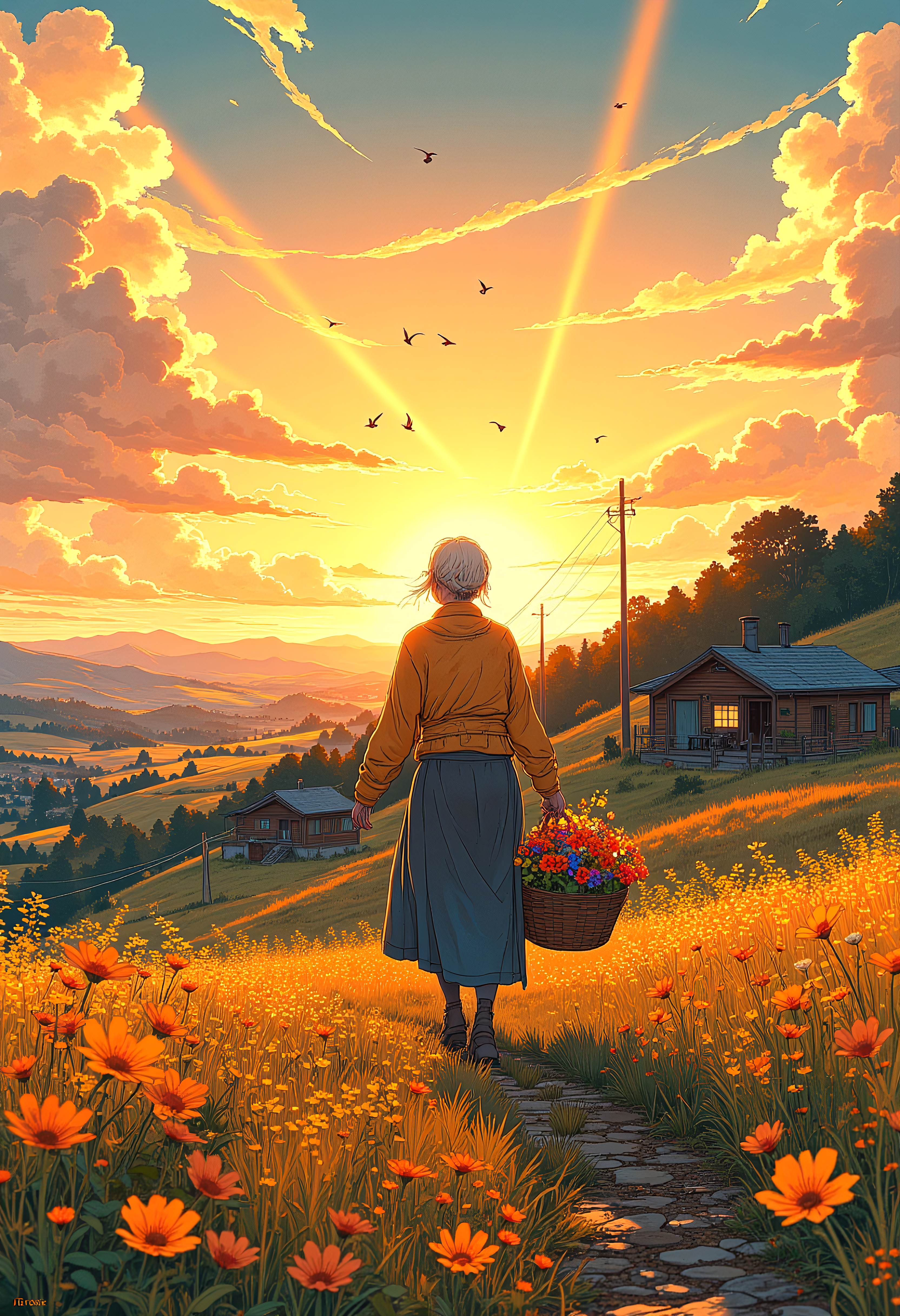 An old woman with a basket full of vibrant, hand-picked flowers walks through a field of swaying grass and blossoms. The late afternoon sun bathes the scene in a soft orange glow, but she is lit by a radiant beam of golden light breaking through the fluffy clouds above. Behind her, scattered wooden houses with curling chimney smoke sit snugly in the hills, and a flock of birds cuts across the sky, their wings catching the sunlight.