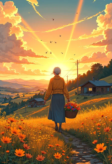 An old woman with a basket full of vibrant, hand-picked flowers walks through a field of swaying grass and blossoms. The late afternoon sun bathes the scene in a soft orange glow, but she is lit by a radiant beam of golden light breaking through the fluffy clouds above. Behind her, scattered wooden houses with curling chimney smoke sit snugly in the hills, and a flock of birds cuts across the sky, their wings catching the sunlight.