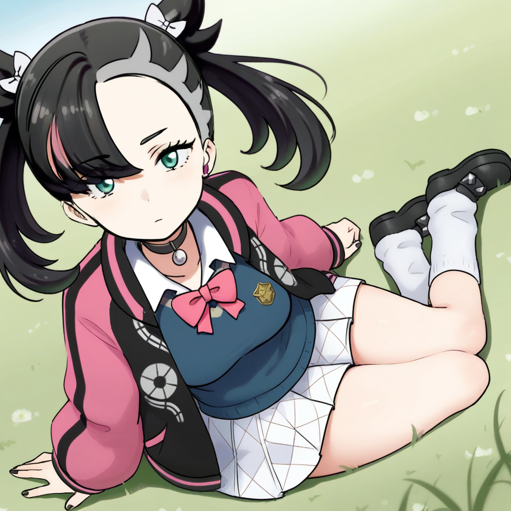 2d, masterpiece, best quality, amazing quality, highres, absurdres, newest, 1girl, solo, sitting, yokozuwari, from above, dutch angle, looking at viewer, day, meadow, outdoors, medium breasts, acmarnie, def colors, green eyes, black hair, asymmetrical bangs, white hair ribbon, black jacket, pink jacket, multicolored jacket, open jacket, blue sweater vest, white collared shirt, long sleeves, pink bowtie, pleated skirt, white skirt, checkered skirt, white socks, loose socks, shoes, black footwear