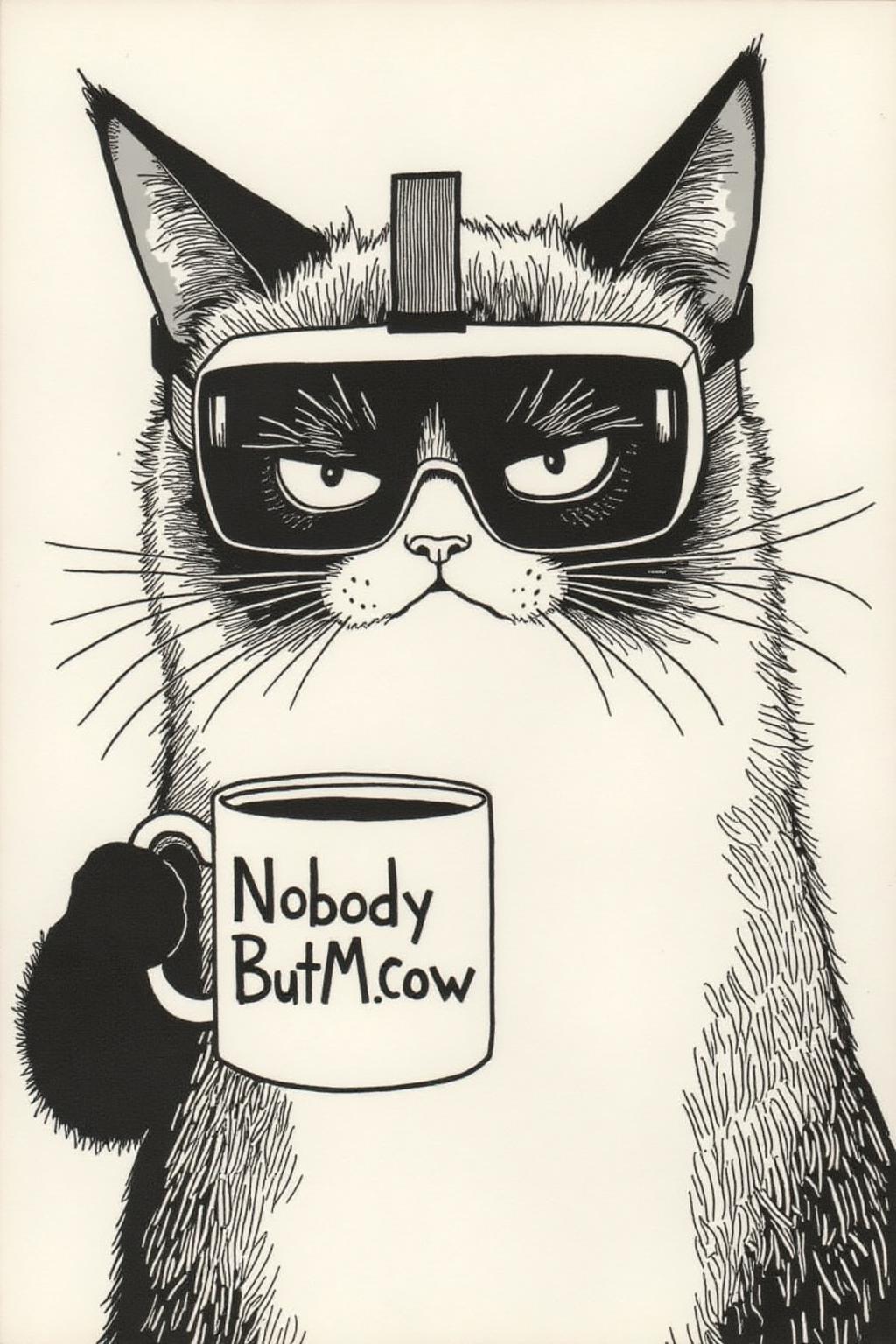 aubea1 illustration. 
Grumpy Cat holding a coffee mug, wearing a VR Headset. The mug has the phrase "NobodyButMeow" printed <lora:aubea2_cap_d6a3:1.0><lora:823997520494689572:0>
