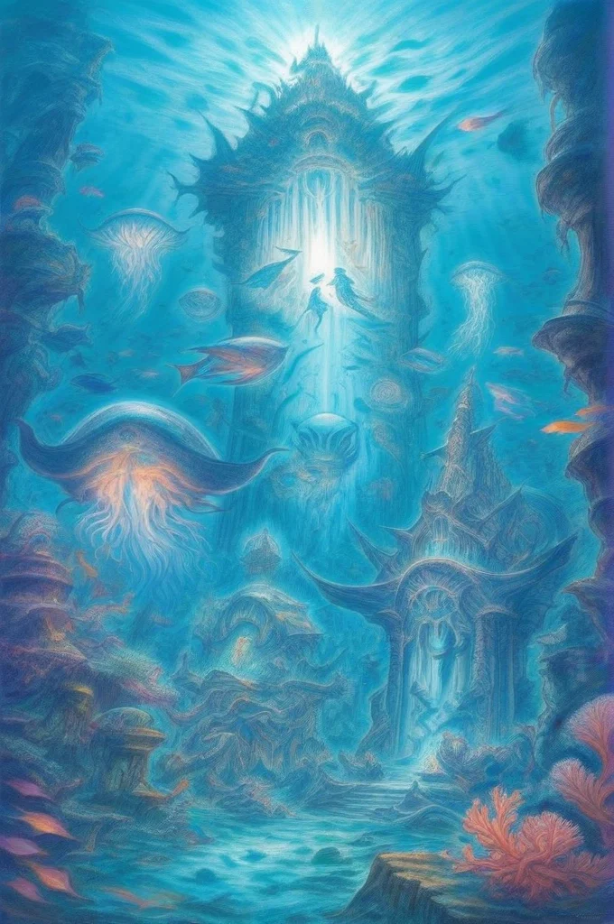 by amano yoshitaka,<lora:amano_yoshitaka_xl:1>,ancient columns, submerged palaces, glowing corals, hidden treasures, Atlantean ruins, mysterious inscriptions, crystal clear water, luminescent jellyfish, forgotten artifacts, sea monsters, coral gardens, ethereal light, lost civilization, guardian statues, enchanted tridents, merfolk, underwater vortex, sacred temple, mystical orbs, sunken galleons, protected by sea creatures, echoing chants, shimmering scales, aquatic flora, Atlantis throne, relic shields, deep-sea explorers, legendary pearls, phosphorescent algae, mythic obelisk