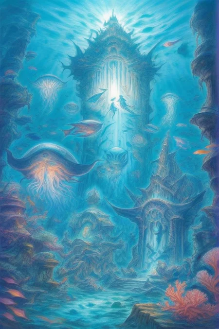 by amano yoshitaka,<lora:amano_yoshitaka_xl:1>,ancient columns, submerged palaces, glowing corals, hidden treasures, Atlantean ruins, mysterious inscriptions, crystal clear water, luminescent jellyfish, forgotten artifacts, sea monsters, coral gardens, ethereal light, lost civilization, guardian statues, enchanted tridents, merfolk, underwater vortex, sacred temple, mystical orbs, sunken galleons, protected by sea creatures, echoing chants, shimmering scales, aquatic flora, Atlantis throne, relic shields, deep-sea explorers, legendary pearls, phosphorescent algae, mythic obelisk