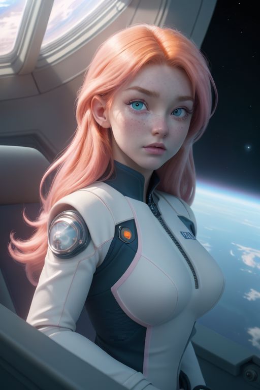 (8k uhd, masterpiece, best quality, high quality, absurdres, ultra-detailed), space ship observation deck, large window, in space, earthlike planet in sunlight in background, single woman front center, gradient hair, red hair, light pink hair, green eyes, light freckles, turned towards viewer, looking to the side, floating in zero gravity, navy uniform, uniform with white trim, uniform open, deep cleavage, back light, rim light