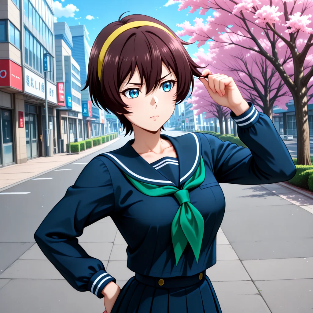 Yuu_School, 1girl, brown short hair, hair between eyes, blue eyes, medium breasts, collarbone, yellow hairband, serafuku, green neckerchief, sailor collar, dark blue serafuku, long sleeves, , <lora:Yuu_IL2:1> Cherry blossom trees at a city intersection, Playful pose: One hand on the hip, the other playfully touching the hair.