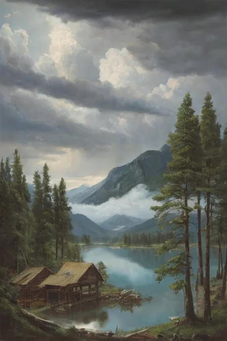 Masterpiece, high-resolution, oil painting, tall mountains, pine forest, log cabin, lake, large thunderstorm clouds in the distance