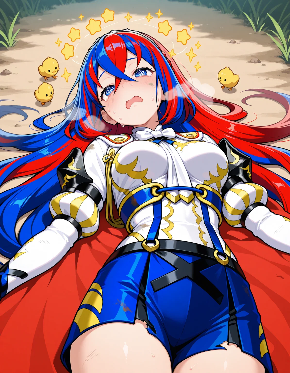 1girl, alear \(fire emblem\), fire emblem, solo,
@_@,
frown,  half-closed eyes, sweat, hot,upturned eyes, damaged, open mouth, heavy breathing, 
seeing stars, bird, chick, star (symbol),sparkle, (dizzy:1.2),
cowboy shot, 
lying, on back,
outdoors, dirt, dirty clothes, dirty face, 
masterpiece,best quality,amazing quality,very aesthetic,absurdres,newest,
<lora:reduce_wrinkles_illstriouosv0.1_ADDifT_2_in_1_v1.2:0.8>, 
<lora:99coins_seeing_stars_IL_v5_10:1>,