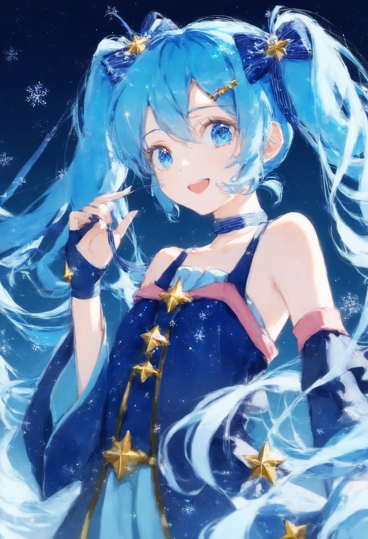 score_9,score_8_up,score_7_up,,source_anime BREAK  ,SHM17, hatsune miku, 1girl, yuki miku, constellation, constellation print, long hair, star \(symbol\), twintails, solo, blue hair, blue eyes, open mouth, hair ornament, very long hair, gloves, detached sleeves, dress, smile, blue dress, ribbon, star hair ornament, looking at viewer, starry sky print, hairclip, snowflakes, striped ribbon, upper body, hair bow<lora:éªãã¯17:0.9>