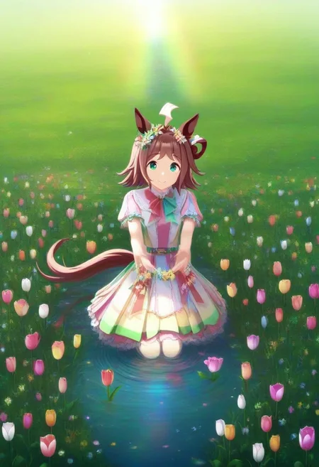 Tulip flower hair_ornament, (umamusume, rhein_kraft_(umamusume), horse_ears, horse_girl, tail, 1girl, ahoge, animal_ears,)
casual, field, flower, flower_field, green_eyes, hair_between_eyes,
head_wreath, looking_at_viewer, solo, aesthetic, absurdres, symmetric ,spiralling vortex made of multicoloured tulips, lush foliage sunrise, ripples, reflective, jaynl-tm, rainbow, , g0ldsw0rthy,
(realistic, photo, artistic, medium_hair, one_eye_closed, petals, relaxing, smile, : 0.7)