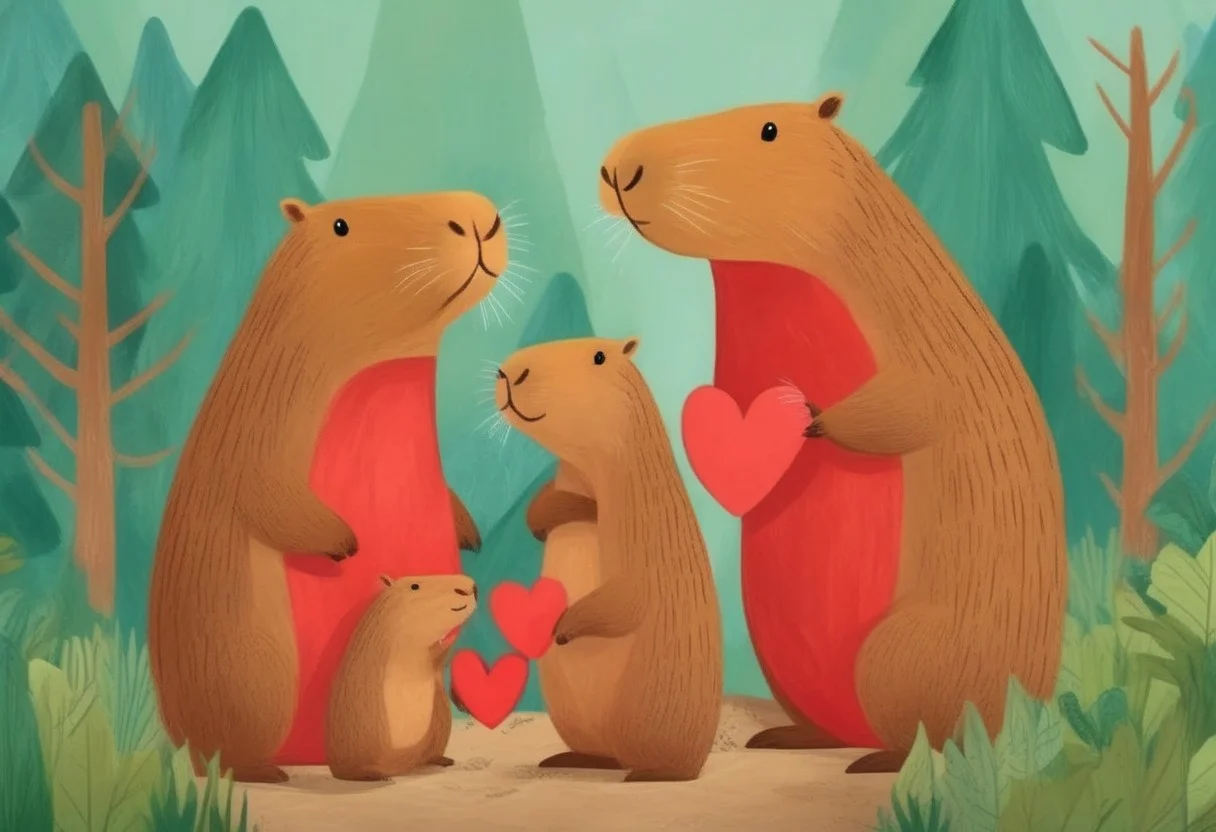 couple of capybaras with their babies family in the wild giving away a gift little red heart-shaped tokens, in they wild home,  Simple animal illustrations, vivid colors