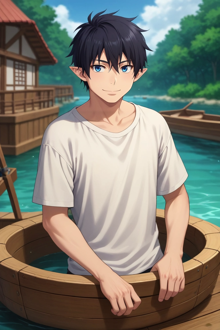 score_9, score_8_up, score_7_up, source_anime, rating_safe, , semi-realistic, , depth of field, 1boy, solo, male focus, <lora:rin_okumura_pony:0.84>, rin_okumura, black hair, blue eyes, short hair, hair between eyes, pointy ears, , , floating market, wooden boats, colorful awnings, water ripples, bargaining pose, friendly smile, early morning, , <lora:sdxl_lightning_8step_lora:1>