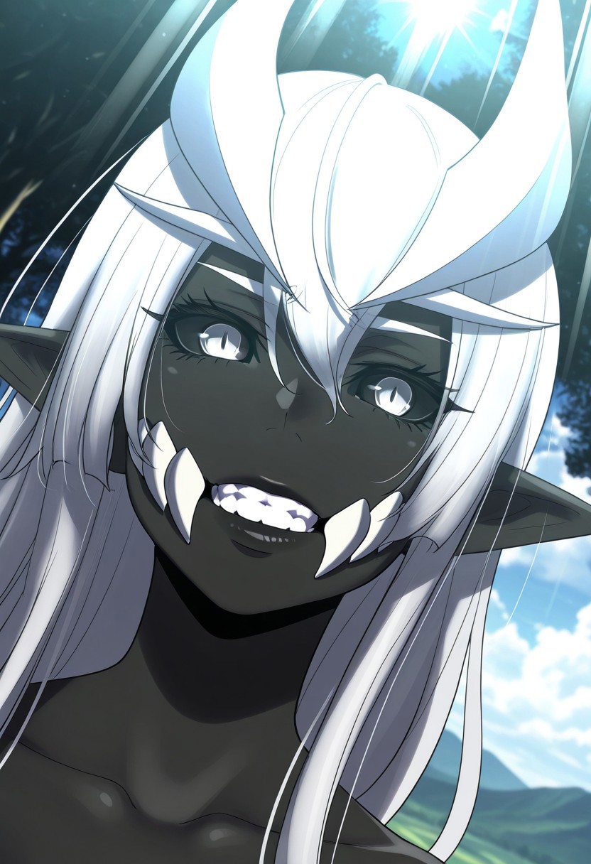 HDR, 8K, high contrast, masterpiece, best quality, amazing quality, very aesthetically pleasing, superabsurd res, high resolution, ultra-detailed, absurdres, latest, landscape, light rays, chiaroscuro, dynamic angle, Dutch angle, close-up, 1girl, Ipos, pointed ears, black skin, teeth, white horns, black sclera, white eyes, narrow pupil, white hair, BREAK, beautiful detailed eyes, detailed skin, detailed hair, volumetric lighting,