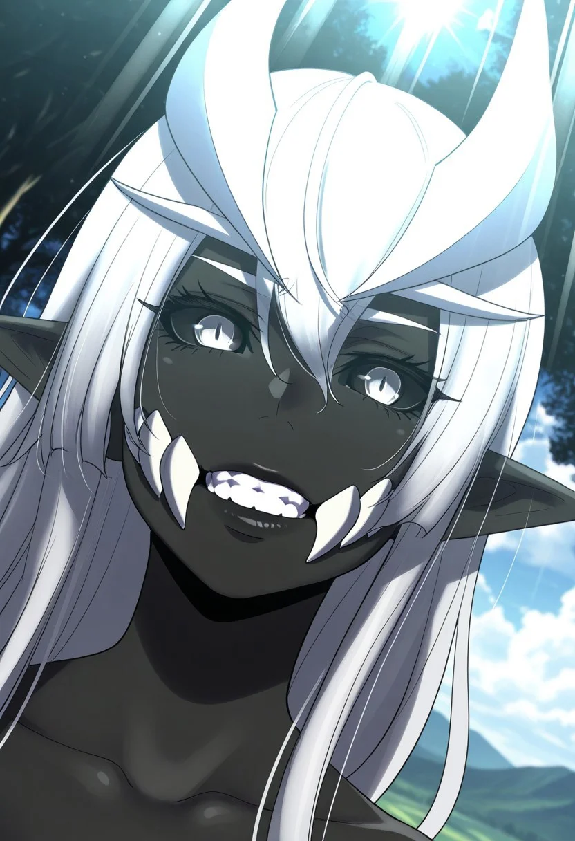 HDR, 8K, high contrast, masterpiece, best quality, amazing quality, very aesthetically pleasing, superabsurd res, high resolution, ultra-detailed, absurdres, latest, landscape, light rays, chiaroscuro, dynamic angle, Dutch angle, close-up, 1girl, Ipos, pointed ears, black skin, teeth, white horns, black sclera, white eyes, narrow pupil, white hair, BREAK, beautiful detailed eyes, detailed skin, detailed hair, volumetric lighting,