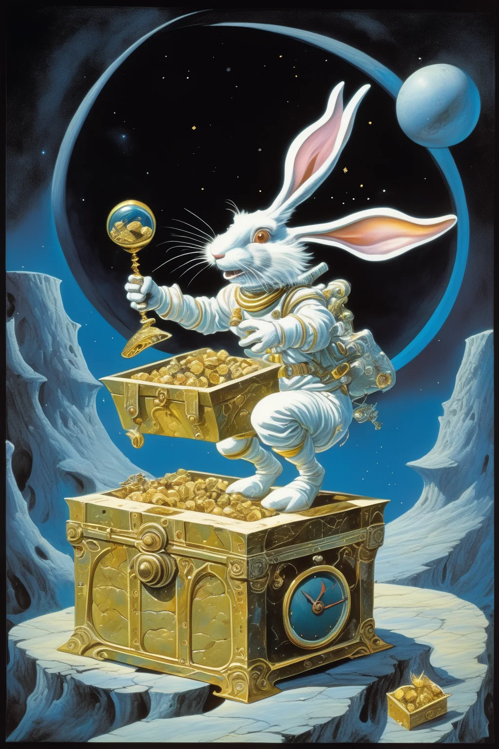 <lora:Rodney Matthews Style:1>Rodney Matthews Style - ecstatic two-legged white rabbit astronaut on a black moon discovering a treasure chest full of gold and clocks in the style of roger dean