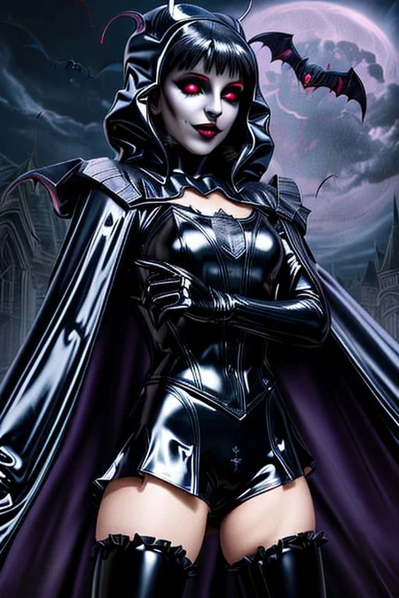 MEvil, EvlSM, Bad_End_Precure, DarkPrecure, adult, evil corrupted princess wearing dark pastel (ruffled:1) (gleaming latex:1) (sailor senshi uniform) with (long latex vampire cloak:1.5) and latex gauntlets, soft lighting, ruffles,
( long legs, crescent, crescent facial mark, makeup, lipstick, mascara, eyeshadow),
(red eyes, colored skin, glowing eyes, evil smile),
(vmpr),
<lora:more_details:0.5>,