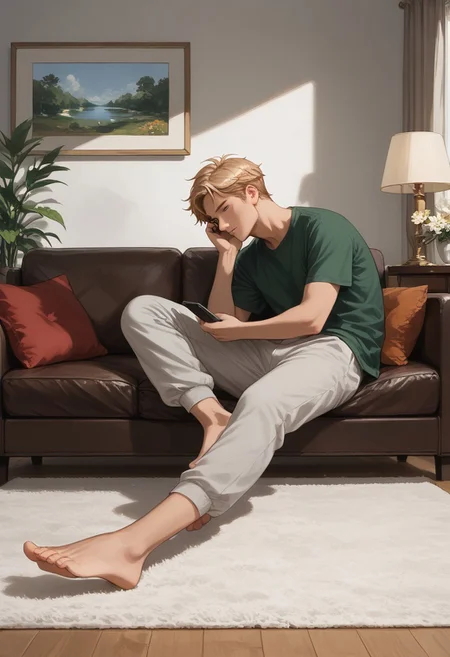 score_9, score_8_up, score_7_up, score_6_up, aleshenka2, masterpiece, best quality, detailed eyes, detailed face, indoors, perfect eyes, male, high detailed, source_anime, absurdres, highres, BREAK 1boy, man, solo, mature, green eyes, green t-shirt, (gray sweatpants), blonde hair, short hair, handsome, barefoot, BREAK ((relaxing on a big brown leather couch with his feet on the wooden coffee table:1.5)), BREAK ((holding black phone with single hand, looking down)), BREAK daylight in a bright living room, (wooden coffee table), white large carpet on the floor, 3 paintings on the wall, (flowers in a pot on the shelves above the couch), single floor lamp, white soft pillows on the sofa, white wallpaper BREAK view from side, full body, zPDXL3