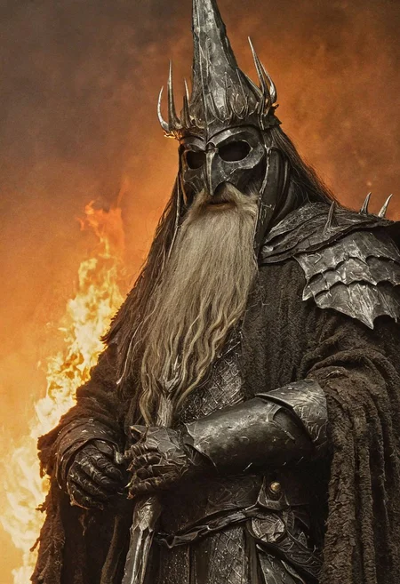 Ellis-RealismBoost, Close Up detailed photograph of the Witch King from The Lord of the Rings, perfect saturation, standing in Mordor, color photography, vintage, eye of sauron background, masterfully top lighted, masterful painting in the style of Anders Zorn | Marco Mazzoni | Yuri Ivanovich, Todd McFarlane, Aleksi Briclot,