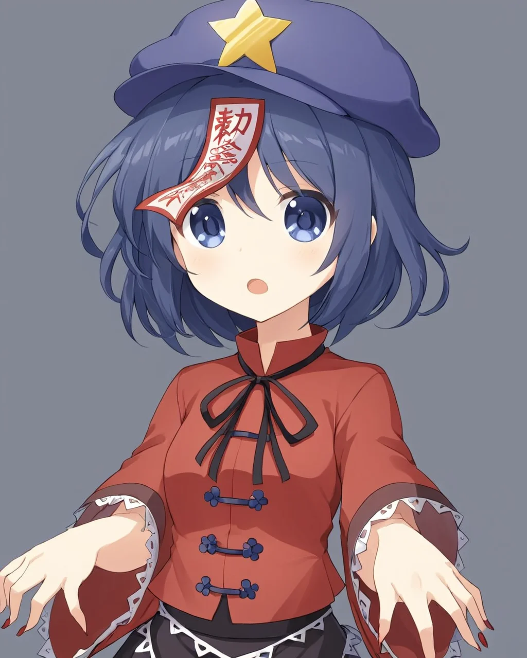 miyako yoshika,1girl, solo, ofuda, hat, open_mouth, star_hat_ornament, star_\(symbol\), jiangshi, fang, zombie_pose, looking_at_viewer, simple_background, skirt, short_sleeves, grey_background, upper_body, wide_sleeves, fingernails, red_shirt, neck_ribbon, one_eye_covered
<lora:miyako_yoshika_image2483_2023-12-20:1>,star-shaped_pupils,symbol-shaped_pupils,. gorgeous,key visual, vibrant, studio anime,award-winning, professional, highly detailed,high budget, cinemascope