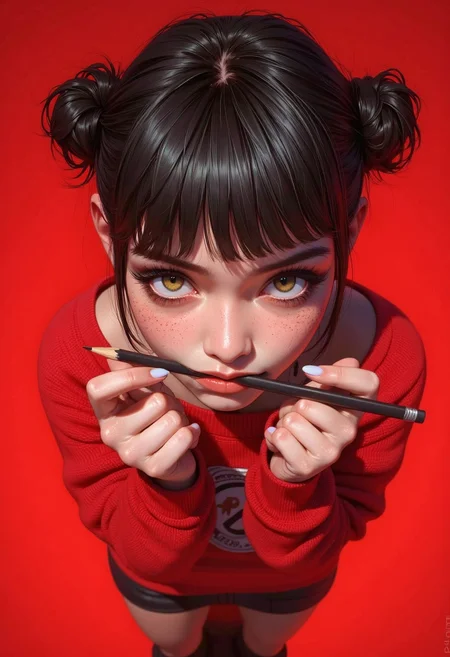 A highly detailed digital illustration featuring an anime-style character with a youthful appearance. The subject is a young woman with fair skin and large, expressive green eyes that dominate her face. Her hair is styled in two high buns with wispy bangs framing her forehead. She is wearing a red, long-sleeved sweater with a white graphic design on the chest, and a short black skirt. Her hands are positioned in front of her face, holding a black pencil with a silver eraser.

The background is a solid, vibrant red, which contrasts starkly with her attire and hair, drawing attention to her features. The lighting in the image is soft and even, casting a subtle glow on her skin and hair, giving a slightly ethereal quality. The texture of her sweater is smooth and slightly reflective, suggesting a high-quality fabric. The overall style of the illustration is hyper-realistic, with meticulous attention to detail in the facial features, hair, and clothing. The character's expression is slightly mischievous, with a hint of a smirk, adding a playful element to the image. The composition is slightly tilted upward, giving a sense of intimacy and closeness to the viewer. Realistic anime style.