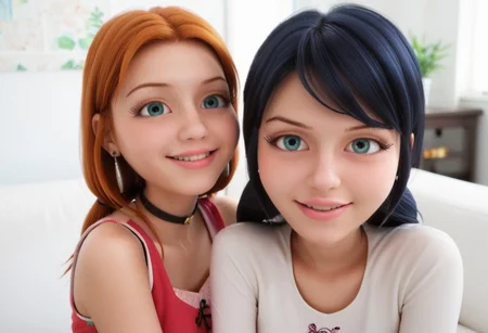 score_9, score_8_up, score_7_up, score_6_up,
2girls, sitting together, on a couch, (leaning against each other, head on shoulder, cheek to cheek:1.4),
1girl, Sabrina Raincomprix, long hair, orange hair, green eyes, fair skin, earrings, white blouse, choker,
1girl, Marinette Dupain-Cheng, long hair, bright bluebell eyes, black hair, twin tails, earrings, red blouse, choker,
perfect eyes, real skin, amateur, photo, solo, perfect face, perfect eyes, sexy, beautiful eyes, petite body,
masterpiece, best quality, amazing quality,
heavy blush, thick dark eyelashes, tiny body,
(skinny girl), on a couch, family home, living room, wall pictures, plants,
blurry background, lot of people in background, shy expression, depth of field, volumetric lighting, biting lips, vibrant colors, intricate details,
smiling, teeth, arms crossed, close up on face, real skin,