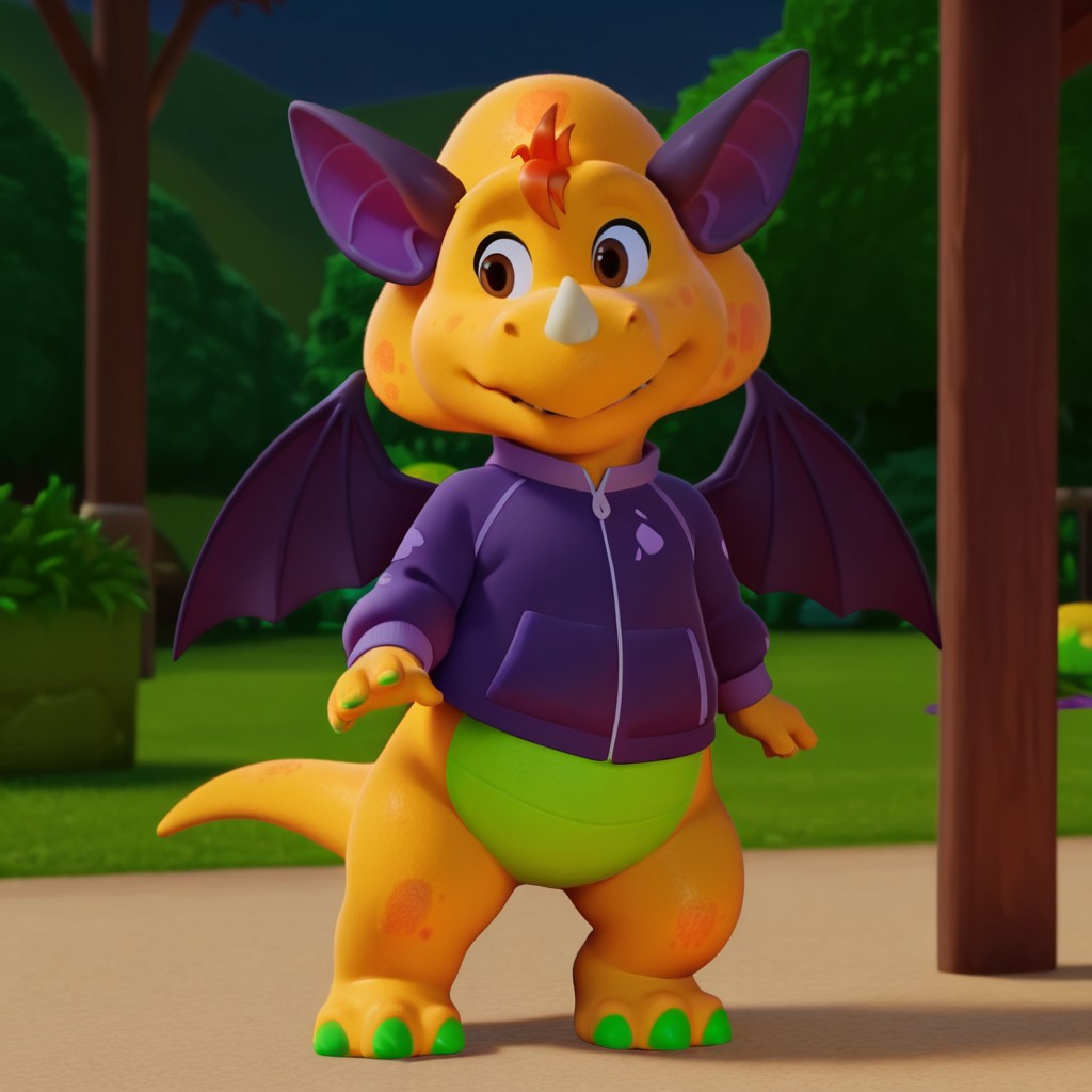 ((masterpiece, best quality, amazing quality,))  billybwil, semi-anthro, male, dinosaur, yellow skin, orange hair tuft, brown eyes, nose horn, bat ears, bat wings, purple jacket, outside, standing, solo