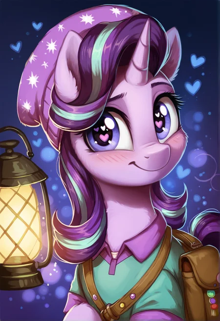 score_9, score_8_up, score_7_up, score_6_up, score_5_up, score_4_up, rating_safe, starlight glimmer, purple skin, purple body, female, mare, pony, solo, unicorn, :3, backpack, bag, beanie, blushing, camping outfit, cute, daaaaaaaaaaaw, hat, heart eyes, lamp, lantern, looking at you, parka, wingding eyes, sweet dreams fuel, weapons-grade cute, abstract background, glimmerbetes, smiling, absurd resolution, the mean 6, g4, detailed, beautiful, <lora:Wholesome-MLP-v1.4b:1>