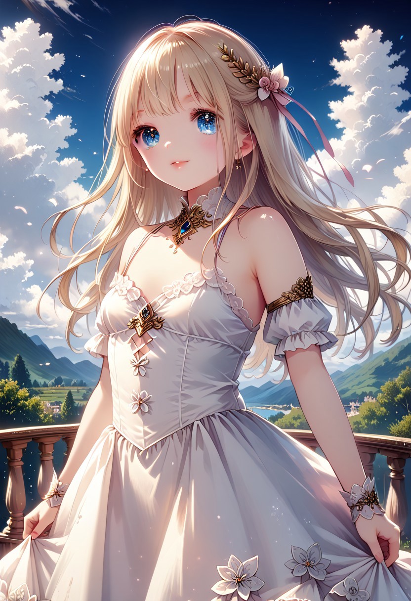 score_9, score_8_up, score_7_up, 1girl, ChiguchiMP, masterpiece, best quality, ultra high res, smiling, happy, (detailed eyes:1.2), there is a woman in a white dress, artwork in the style of guweiz, guweiz on pixiv artstation, guweiz on artstation pixiv, guweiz, fantasy art style, guweiz masterpiece, beautiful and elegant queen, beautiful character painting, detailed digital anime art, blonde - haired princess, White hair, sky blue eyes, pink lips
