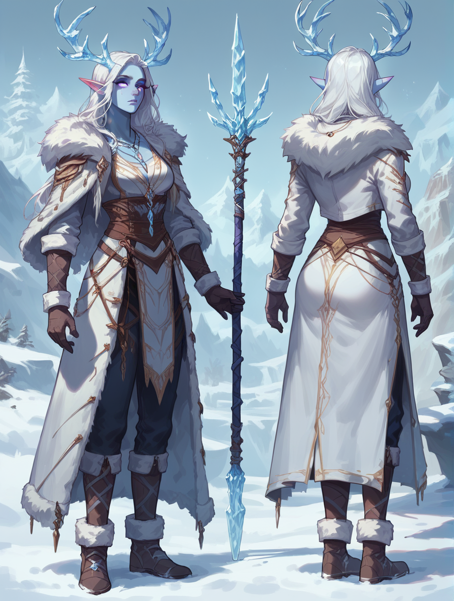 score_9_up, score_8_up, score_7_up, <lora:Pony_QualityV4.0:.75>, rating_safe, reference sheet, full body, solo focus, color guide, turnaround, standing, character name, character profile, multiple views, facing viewer, from behind, <lora:Expressive_H:.9>, Expressiveh, 1girl, <lora:SnowElfPONY:.6>, snow elf, long hair, platinum hair, straight hair, white eyelashes, purple eyes, ice antlers, antler ornament, blue skin, freckles, pointy ears, necklace, medium breasts, fur coat, long sleeves, ice necklace, winter gloves, fur-trimmed pants, fur boots, holding weapon, ice weapon, spear
, outside, landscape, on a big bridge, afternoon,