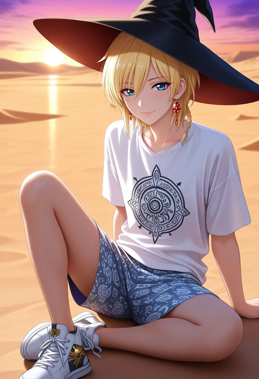 masterpiece, best quality, , (photorealistic:0.6),, 1boy, solo, male focus, <lora:titus_alexius_ilxl:0.98>, titus_alexius, blonde hair, blue eyes, short hair, braid, mole, mole under eye, earrings, witch hat, desert lagoon, shimmering water, golden sands, palm shadows, lounging pose, relaxed expression, sunset glow, Paisley Linen shorts, White Paisley Graphic T-shirt, Chukka sneakers, ,