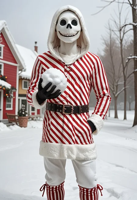 score_9, score_8_up, score_7_up, score_6_up, score_5_up, score_4_up, 1boy, jack_tnbc, hud_xmas1, striped dress, fur trim, long sleeves, leg warmers, belt, hood, christmas, cowboy shot, light smile, snow, holding snowball