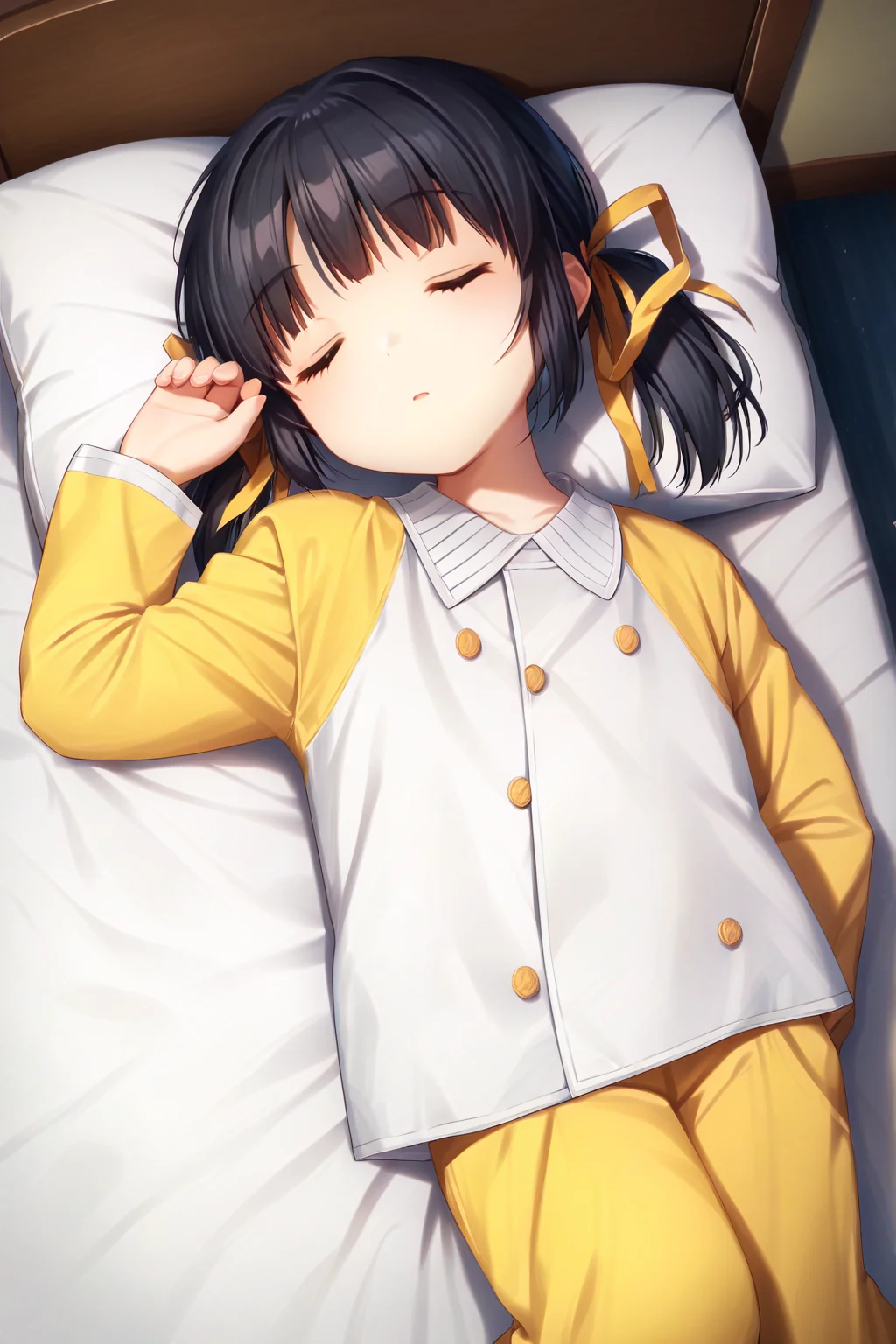 score_9, score_8_up, score_7_up, score_6_up, rating_safe, source_anime, best quality, masterpiece, detailed background, detailed eyes, bedroom, on bed, laying on side, sleeping, yellow pajamas, from above view, <lora:sunohara-mei-xl-06:1>, sunohara mei, black hair, flatchested, yellow ribbons, parted lips, round mouth,