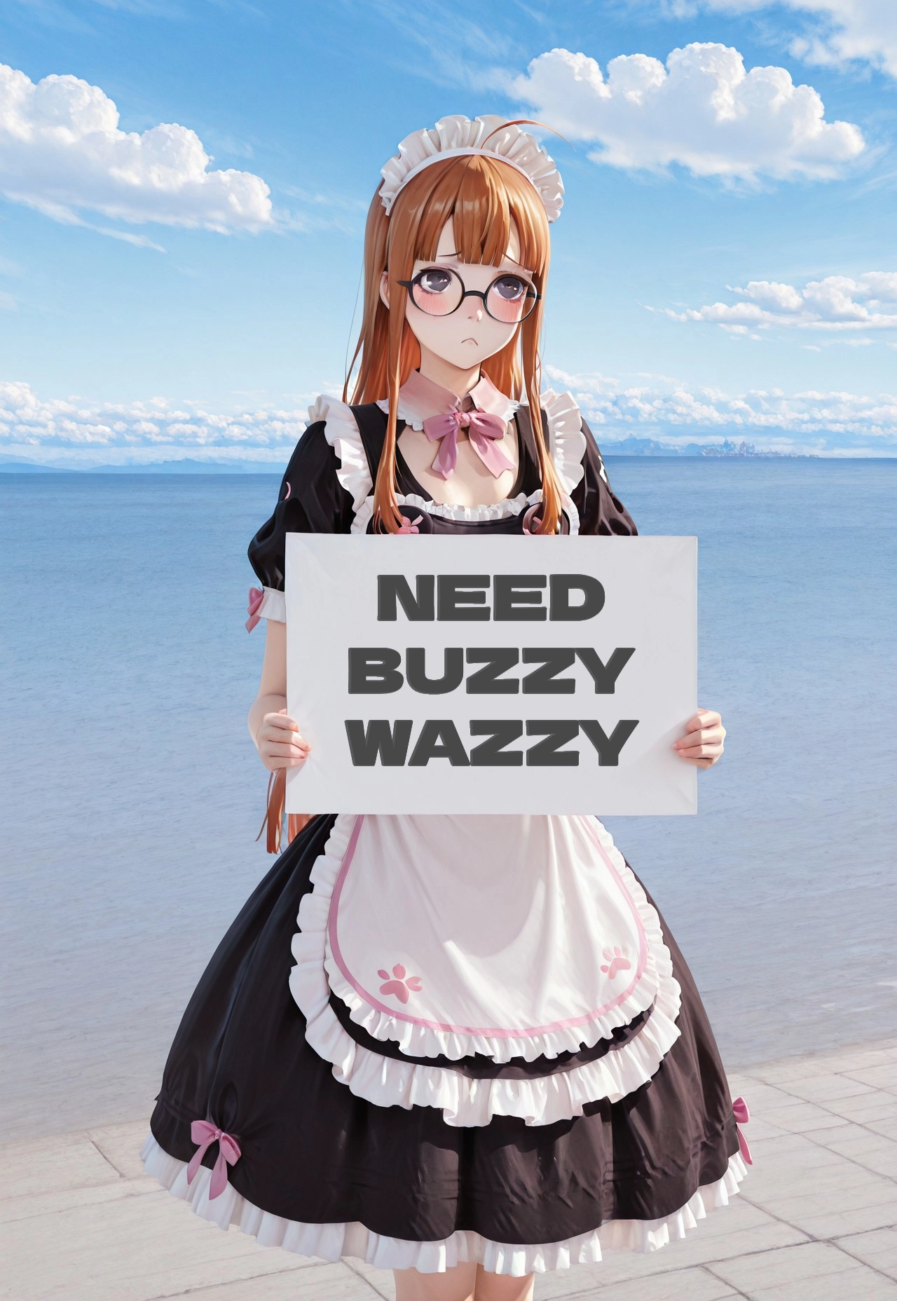 masterpiece, best quality, amazing quality, 1girl, solo, 
folding sign,, 1girl, solo,p5futaba, sakura futaba, long hair, glasses, blunt bangs, orange hair, ahoge,maid dress, pink bow, frills, short sleeves, maid headdress
blush, sad, hide behind sign, 
pien_face,:<,sad,black eyes, 
<lora:folding sign_illustrious_V1.0:1> folding sign, (folding sign bord,(big letters "Buzz Pweasee :'":2.0),(square BIG sign bord:2.0)), bold letter, 
cowboy shot,s4ltflats,Reflection, outdoors, day, scenery, blue sky, water, cloudy sky, horizon