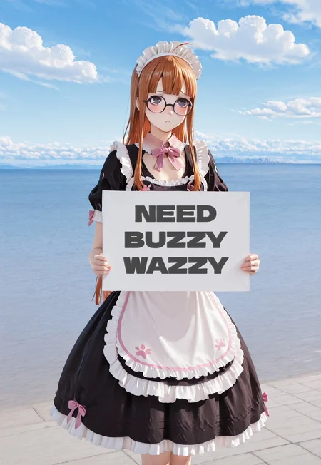 masterpiece, best quality, amazing quality, 1girl, solo,
folding sign,, 1girl, solo,p5futaba, sakura futaba, long hair, glasses, blunt bangs, orange hair, ahoge,maid dress, pink bow, frills, short sleeves, maid headdress
blush, sad, hide behind sign,
pien_face,:<,sad,black eyes,
<lora:folding sign_illustrious_V1.0:1> folding sign, (folding sign bord,(big letters "Buzz Pweasee :'":2.0),(square BIG sign bord:2.0)), bold letter,
cowboy shot,s4ltflats,Reflection, outdoors, day, scenery, blue sky, water, cloudy sky, horizon