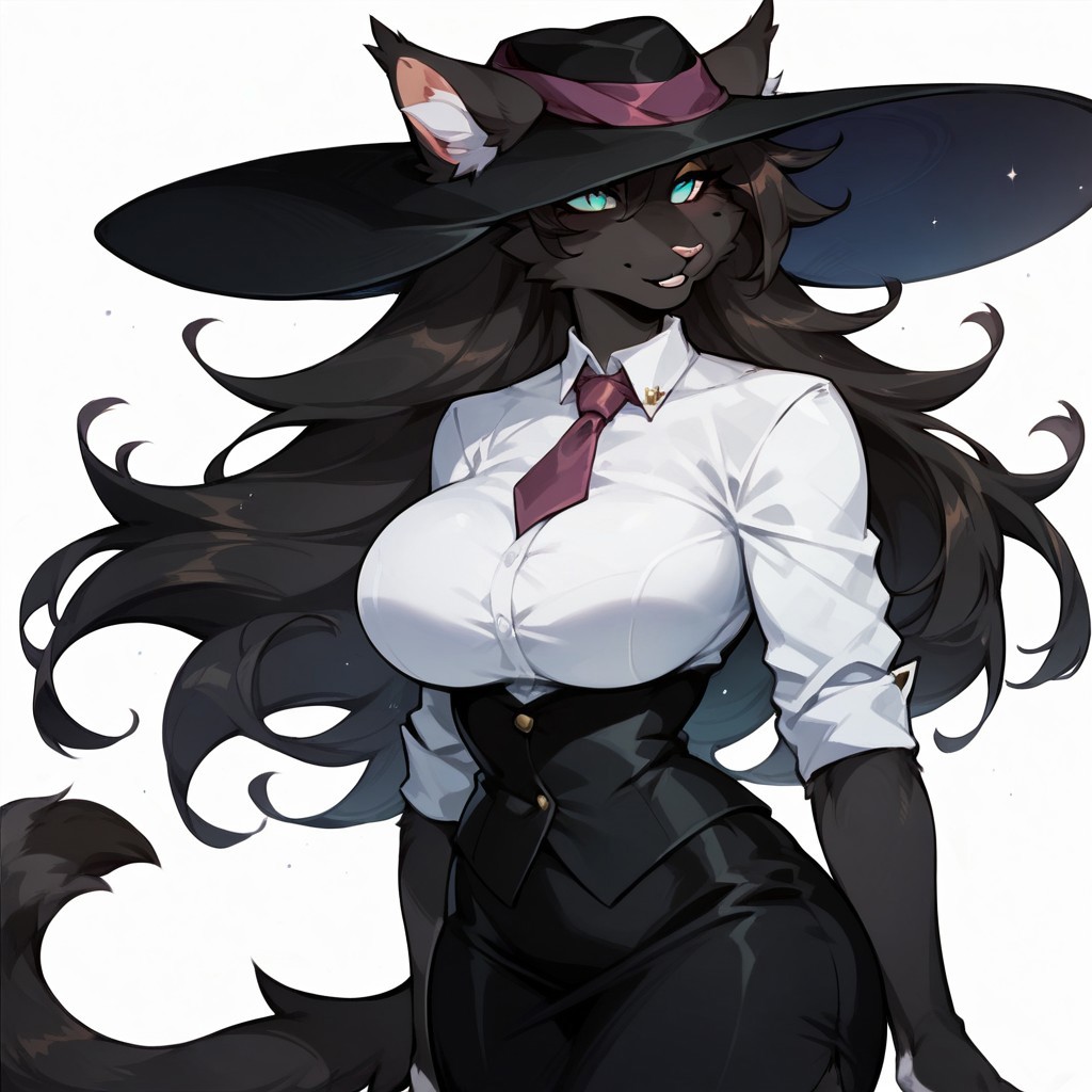 score_9, score_8_up, score_7_up, solo, 1girl, furry cat, black fur, large breasts, business suit, large hat, best quality, detailed, masterpiece, Expressiveh