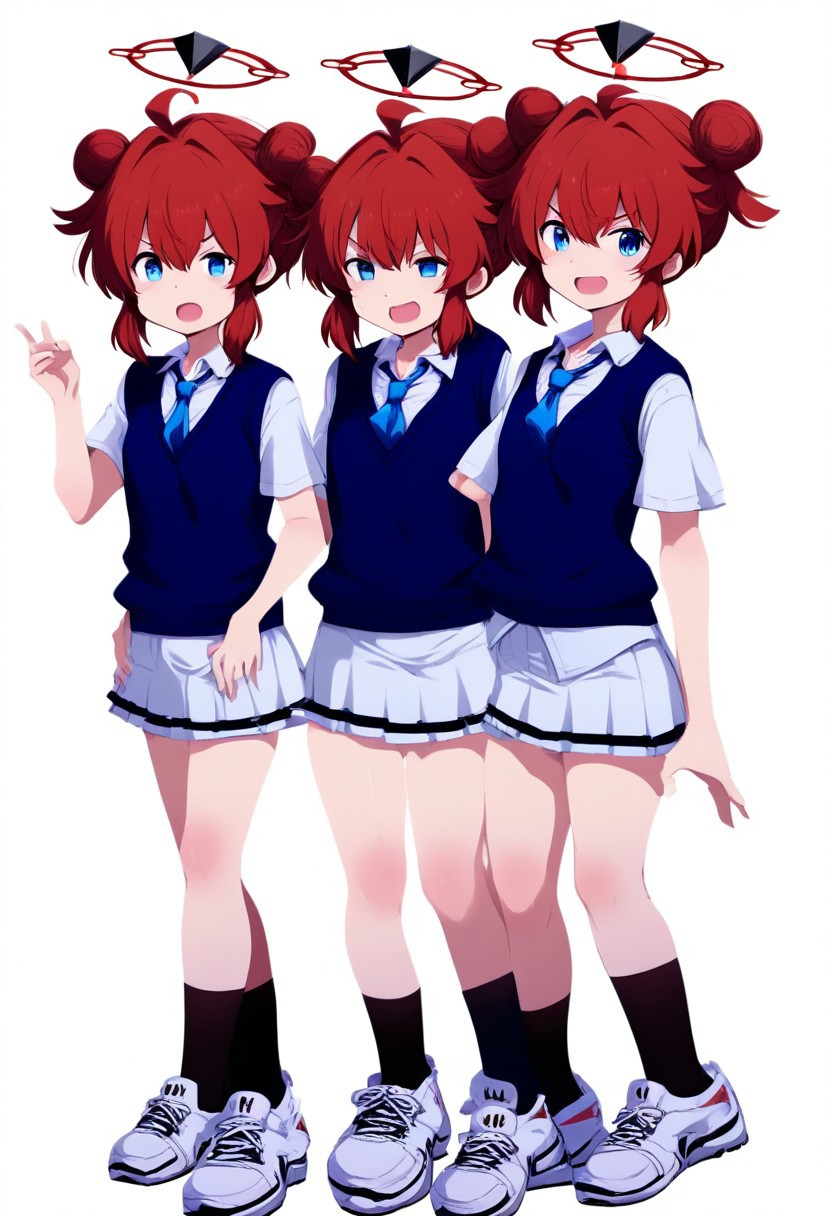 r-18，maki-default,maki \(blue archive\),blue eyes,short hair,red hair,double bun,halo,blue sweater vest,whtie shirt,short sleeves,blue necktie,pleated skirt,black socks,sneakers