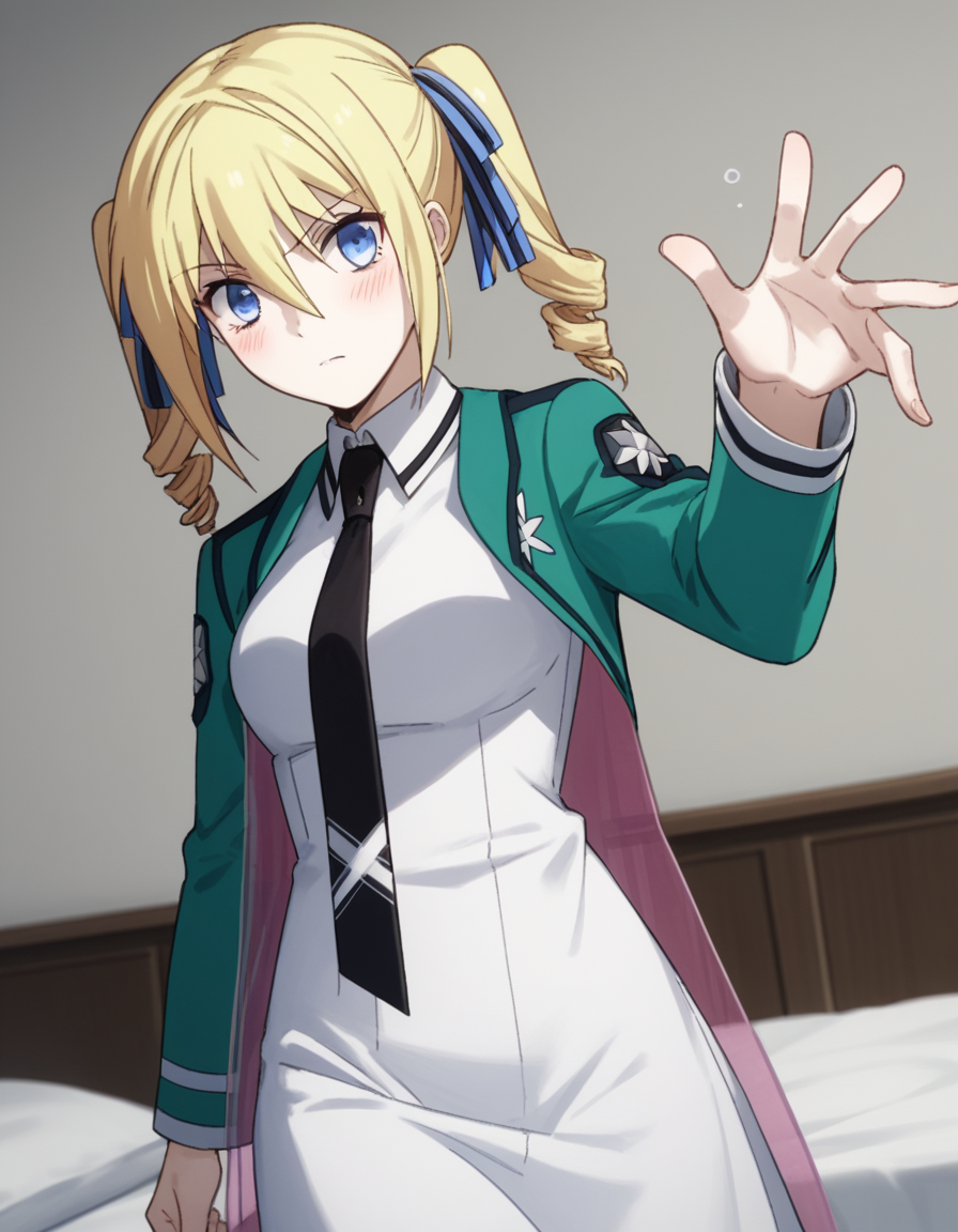 score_9, score_8_up, score_7_up, source_anime,
angelinakudoushields, <lora:angelina-kudou-shields-s2-ponyxl-lora-nochekaiser:1>,
angelina kudou shields, blue eyes, blonde hair, ribbon, hair between eyes, twintails, hair ribbon, drill hair, blue ribbon, twin drills,
long sleeves, dress, school uniform, pantyhose, necktie, white dress, black necktie,
indoors, bed, bed room, on side, blush, drunk,
solo, dutch angle, looking at viewer, cowboy shot,