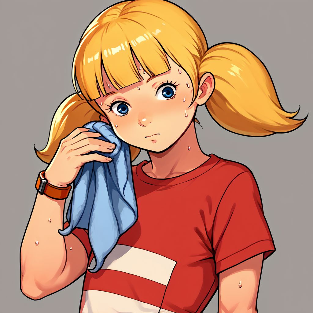 score_9, score_8_up, score_7_up, source_anime, fe9portraits, solo, cowboy shot, simple background, 1girl, female focus, 1girl, penny \(inspector gadget\), solo,blonde hair, twintails, blunt bangs, blue eyes, red shirt, striped shirt, stripe, white stripe, wristwatch, flat chest, upper body, SweatingTowelGuy, sweat, towel, wiping sweat