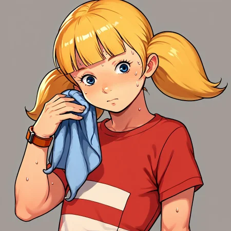 score_9, score_8_up, score_7_up, source_anime, fe9portraits, solo, cowboy shot, simple background, 1girl, female focus, 1girl, penny \(inspector gadget\), solo,blonde hair, twintails, blunt bangs, blue eyes, red shirt, striped shirt, stripe, white stripe, wristwatch, flat chest, upper body, SweatingTowelGuy, sweat, towel, wiping sweat
