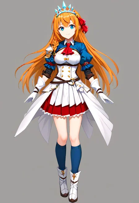 pecorine, blue eyes, hair ornament, long hair, orange hair, tiara, braid, hair braid,, arm belt, armor, ascot, blue socks, boots, dress, gloves, hair ornament, open clothes, open dress, pauldrons, pleated skirt, puffy short sleeves, puffy sleeves, red ascot, red skirt, short sleeves, shoulder armor, single pauldron, skirt, socks, white dress, white footwear, white gloves,
masterpiece, best quality, very aesthetic, absurdres, full_body, tachi-e,