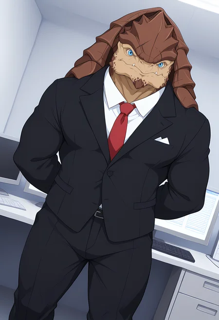 sz3d3k, wfastyle, tk_style, masterpiece, best quality, amazing quality, dutch angle, office, cubicle, computer, BREAK
solo, male focus, 1boy, me_krogan, brown body, blue eyes, muscular male, suit, business suit, black suit, red necktie, BREAK
<lora:cfg_scale_boost:.6> <lora:Krogans_-_Mass_Effect_-_ILXL:1>, <lora:Anti_Dev_Style_PonySDXL:0.8> antidev <lora:Hotcha:0.8> hotcha <lora:Rayray_Sparkling_Bunny_Style:0.8>