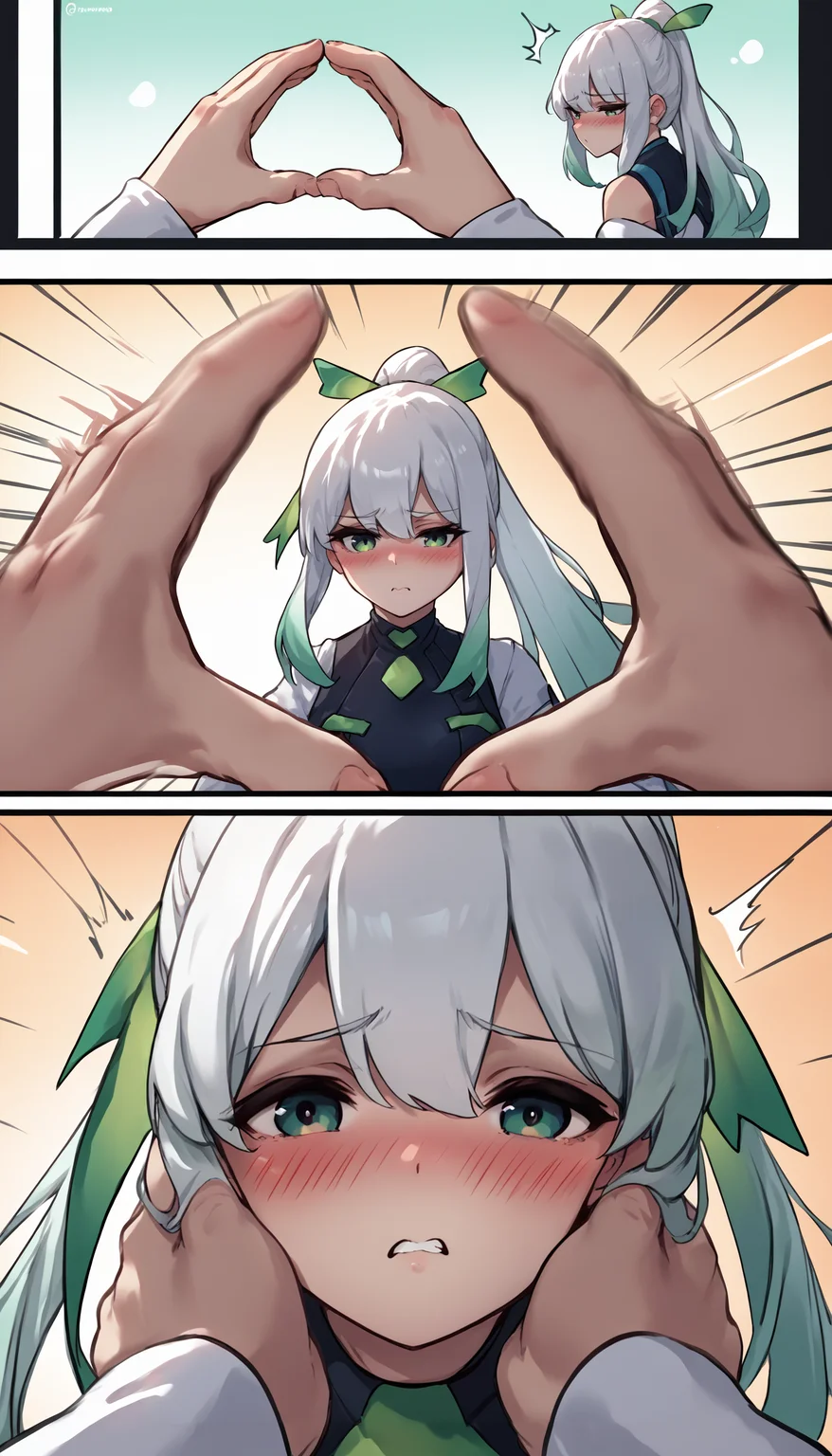 score_9, score_8_up, score_7_up, source_anime, incrssnootchallenge, comic, pov hands, motion lines, motion blur, 3koma, <lora:SnootChallenge_XLPD:1>, 1girl, <lora:consolegirls_xbox_ponyXL:0.8> xbox-chan, ponytail, green hair ribbon, white hair, blush,