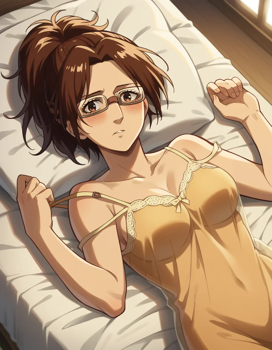 score_9, score_8_up, score_7_up, source_anime, <lora:zoe-hange-s1-ponyxl-lora-nochekaiser:1>, zoe hange, brown hair, brown eyes, ponytail, glasses, mature female, medium breasts,, <lora:chemise-ponyxl-lora-nochekaiser:1>, chemise, strap slip, see-through, bare shoulders, collarbone, thighs,, indoors, bed, bed room, on back, on bed, blush, , cowboy shot, dutch angle