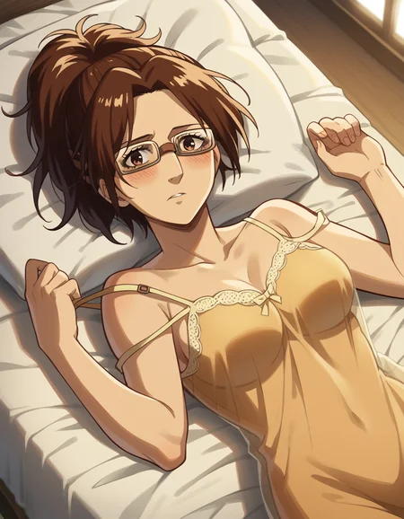 score_9, score_8_up, score_7_up, source_anime, <lora:zoe-hange-s1-ponyxl-lora-nochekaiser:1>, zoe hange, brown hair, brown eyes, ponytail, glasses, mature female, medium breasts,, <lora:chemise-ponyxl-lora-nochekaiser:1>, chemise, strap slip, see-through, bare shoulders, collarbone, thighs,, indoors, bed, bed room, on back, on bed, blush, , cowboy shot, dutch angle