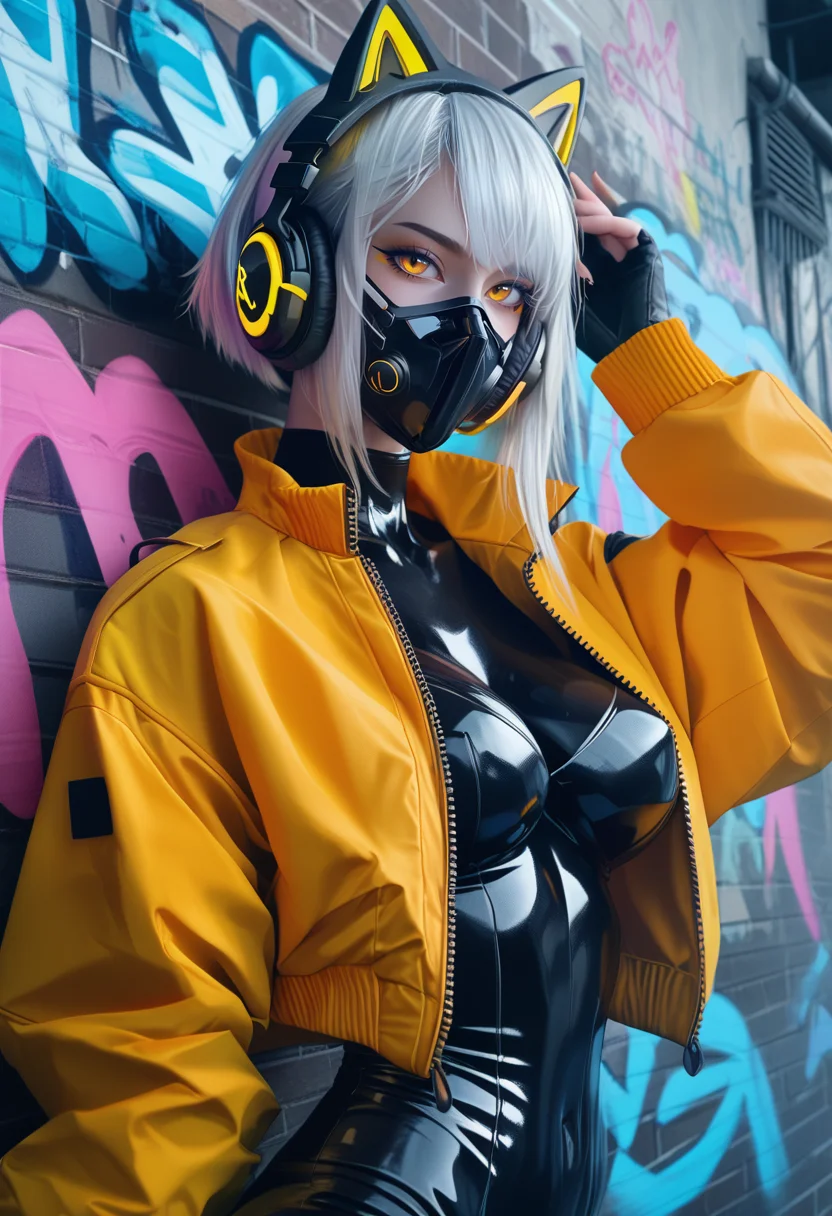 score_9, score_8_up, score_7_up, score_6_up,
1girl, sk997cos_bodysuit, sk01 jacket, sk04 mask, cat ear headphones, yellow jacket,
white hair,
short hair ,
perfect eyes,
close up, portrait, large breasts, against wall, graffiti, dim lighting, alley, looking at viewer, dynamic pose,
cyberpunk city,neon lights, photorealistic, realistic,
<lora:997sk cosplay PonyV3:0.8>