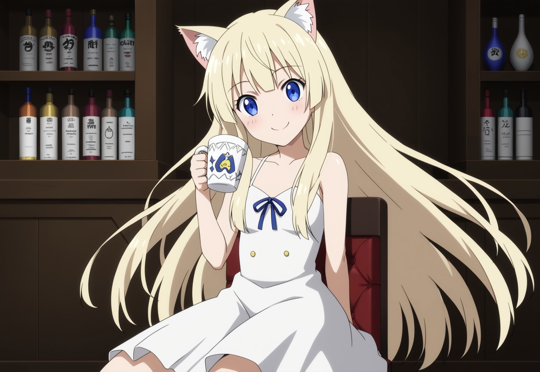 safe_pos, safe_pos, safe_pos, safe_pos, safe_pos, Style: anime style, original anime style, anime graphics, anime, anime source, clean lines, smooth gradients, smooth shading, typical anime style

BREAK

Quality: , score 9, score 8 high, colorful, highest quality, 8k resolution, high-end resolution, perfect picture, masterpiece

masterpiece, best quality, anime source, anime colors, detailed details, intricate details, anime scene,

BREAK

Person: a girl, 18 years old, 161 cm tall, waist-length hair, loose hair, light golden blonde hair, loose straight hair, blonde cat ears, detailed eyes, blue eyes, blonde cat tail, thin, very petite, incredibly cute, masterpiece, best quality, very aesthetic, loose long hair falling over the sides of the head, detailed face, petite figure, small breasts (size 90 B), side bangs

BREAK

Clothing: White nightdress

BREAK

Setting: Living room, house, Middle Ages

BREAK

Pose and perspective: Sitting, sitting on chair, holding cup in hand, loving smile